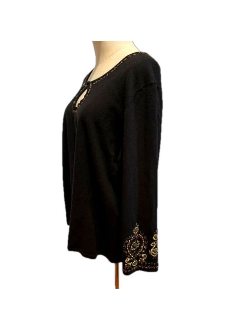90s CABLE & GAUGE SILK BLEND BLACK JEWELED & SEQUINS SCOOP NECKLINE &  CUFFS 2X - Picture 4 of 8
